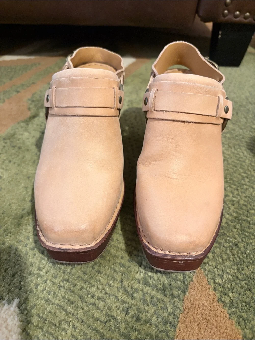 Born Nude/Tan Leather Platform Clog Heels with Buckle Detail